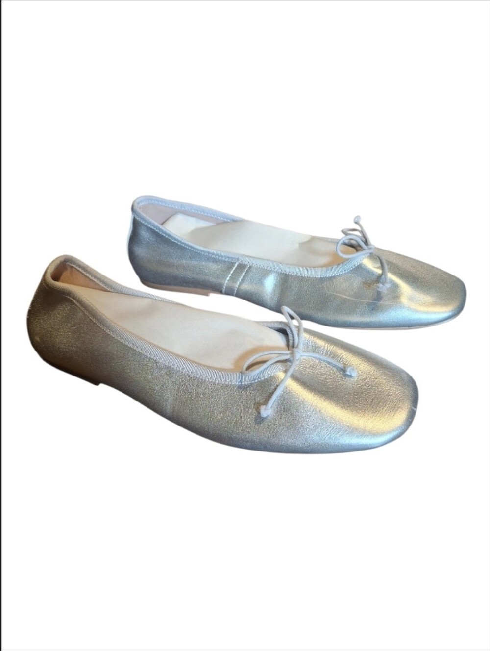 Silver Metallic Ballet Flats Women’s Size 7.5 Lace Up Bow Detail Slip On Shoes